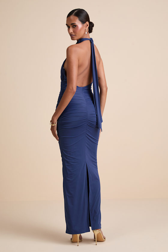 Seraiah Navy Knotted Ruched Halter Maxi Dress Dress - EJIACHE