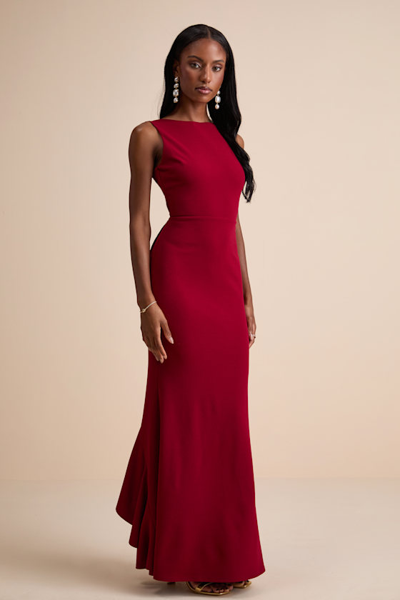 Exquisite Refinement Red Backless Bow Ruffled Maxi Dress Dress - EJIACHE