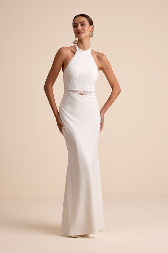 Atenea White Lace Cutout Halter Mermaid Maxi Dress Dress - EJIACHE