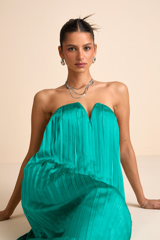 Celandine Teal Green Pleated Strapless Swing Maxi Dress Dress - EJIACHE