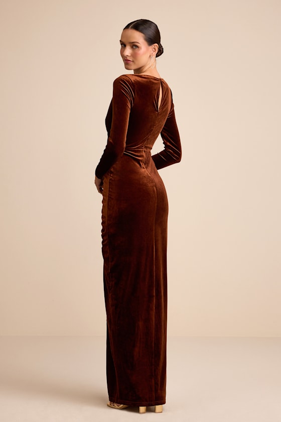 Yasna Brown Velvet Ruched Surplice Long Sleeve Maxi Dress Dress - EJIACHE