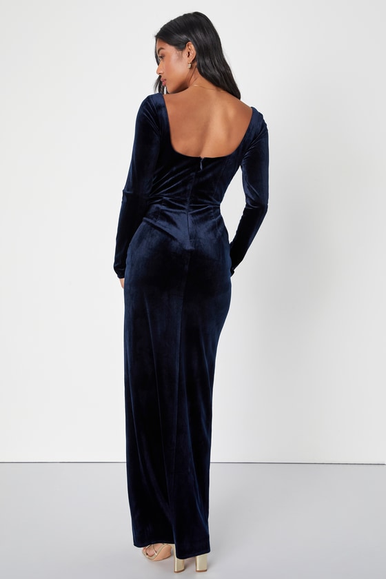 Forever Sensational Navy Blue Velvet Long Sleeve Maxi Dress Dress - EJIACHE