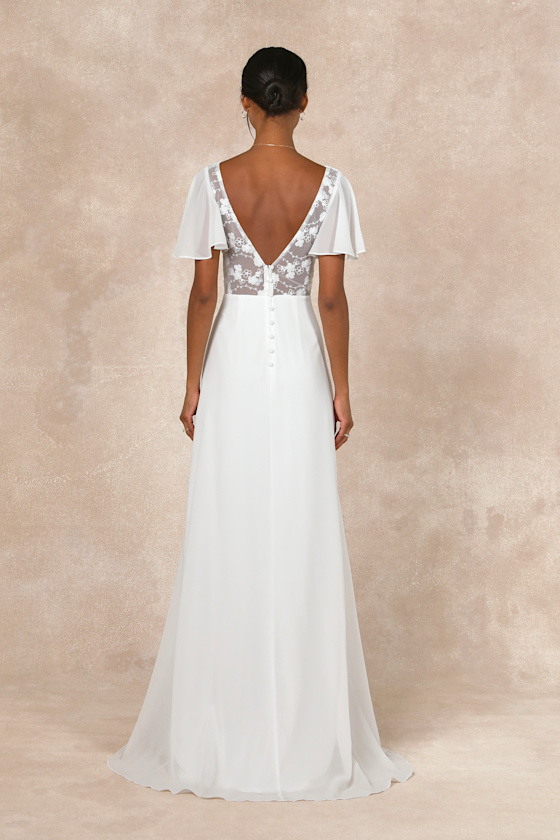 Beautiful Perfection White Flutter Sleeve Embroidered Maxi Dress Dress - EJIACHE