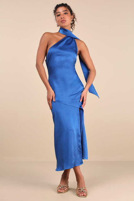 Reglan Blue Satin One-Shoulder Sash Midi Dress Dress - EJIACHE