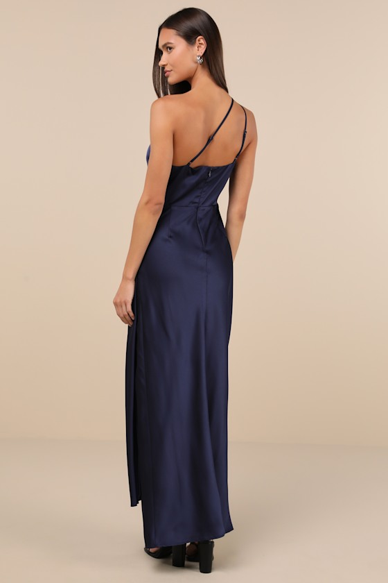 Signature Elegance Navy Satin One-Shoulder Maxi Dress Dress - EJIACHE