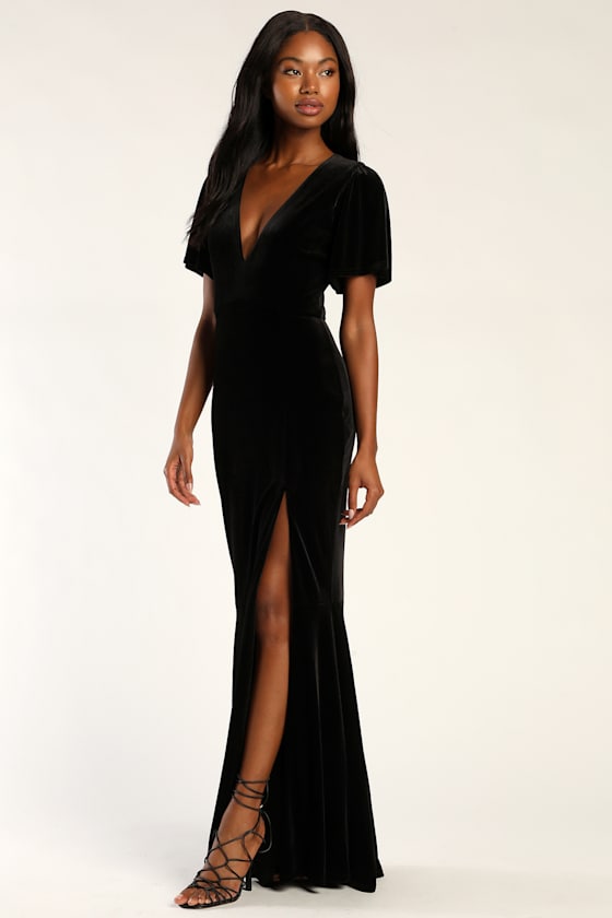 Elegant Evenings Black Velvet Flutter Sleeve Trumpet Maxi Dress Dress - EJIACHE