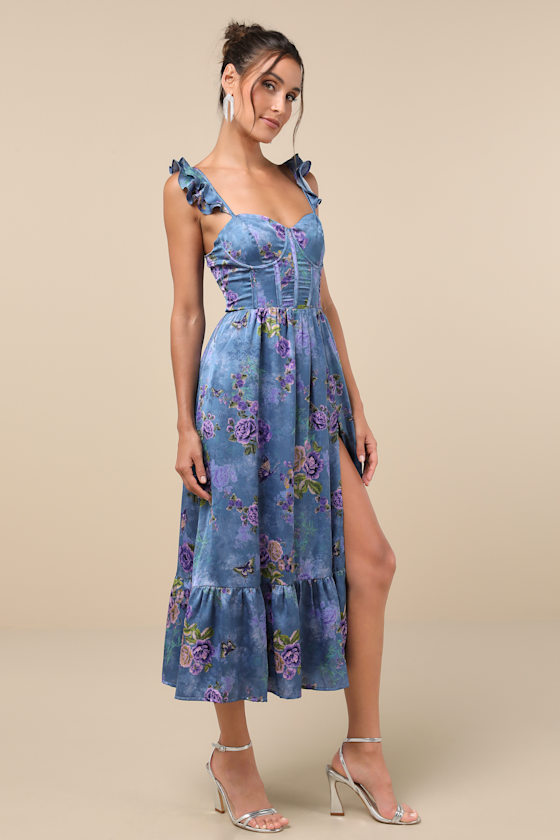 Sweet Like Sangria Blue Floral Ruffled Bustier Midi Dress Dress - EJIACHE