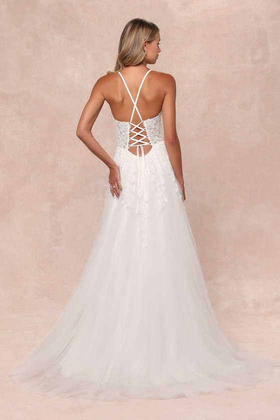 Glorious Luxury White Sheer Tulle Embroidered Beaded Maxi Dress Dress - EJIACHE