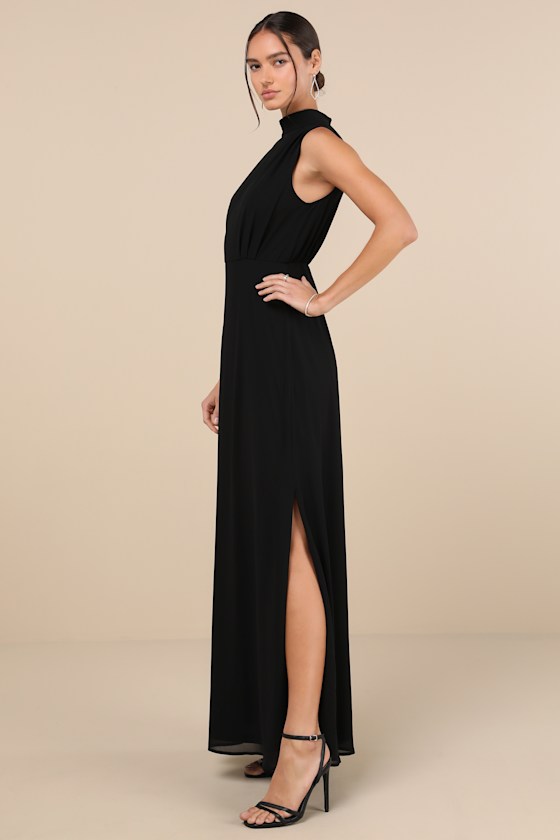 Classic Elegance Black Chiffon Sleeveless Mock Neck Maxi Dress Dress - EJIACHE