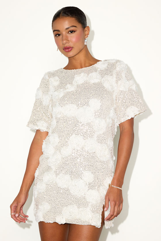 Kayleena Ivory Sequin Rosette Tie-Back Shift Dress Dress - EJIACHE