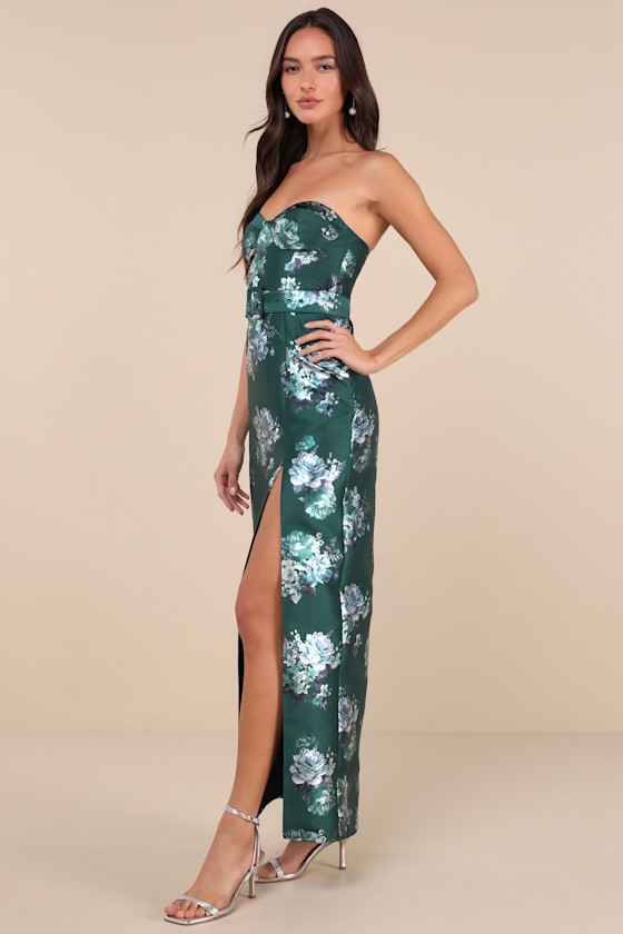 Luxe Sweetie Emerald Floral Taffeta Belted Strapless Maxi Dress Dress - EJIACHE