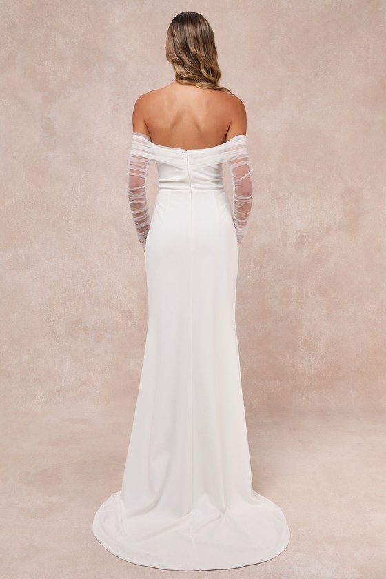 Beautifully Beloved White Mesh Off-the-Shoulder Maxi Dress Dress - EJIACHE