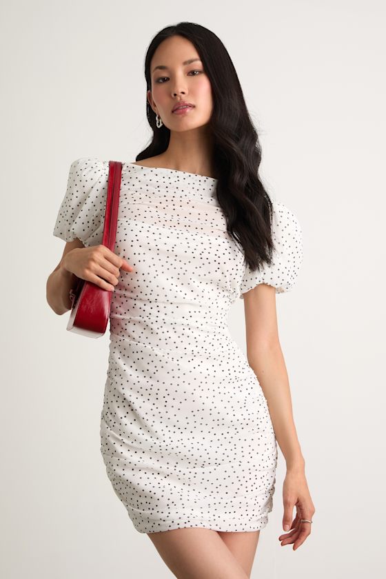 Claritza White Polka Dot Ruched Puff Sleeve Mini Dress Dress - EJIACHE