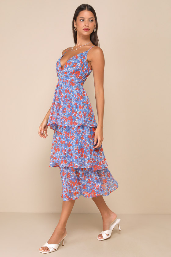 Adorable Obsession Blue Floral Print Lurex Tiered Midi Dress Dress - EJIACHE