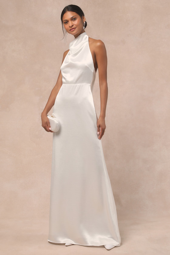 Meliana White Satin Halter Backless Maxi Dress Dress - EJIACHE
