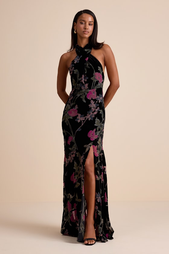 Flawlessly Gorgeous Black Burnout Floral Halter Maxi Dress Dress - EJIACHE