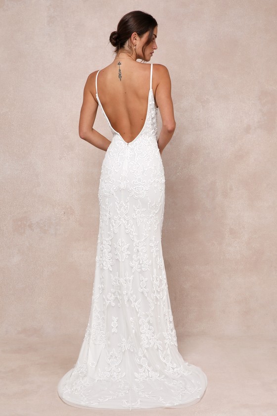 Everlasting Passion White Sequin Beaded Backless Maxi Dress Dress - EJIACHE