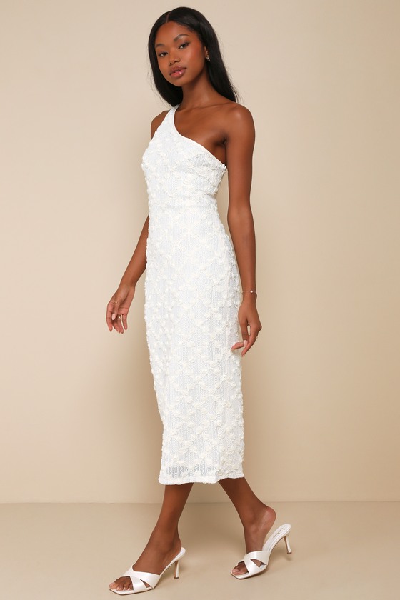 Truly Poised Ivory Textured 3D Floral One-Shoulder Midi Dress Dress - EJIACHE