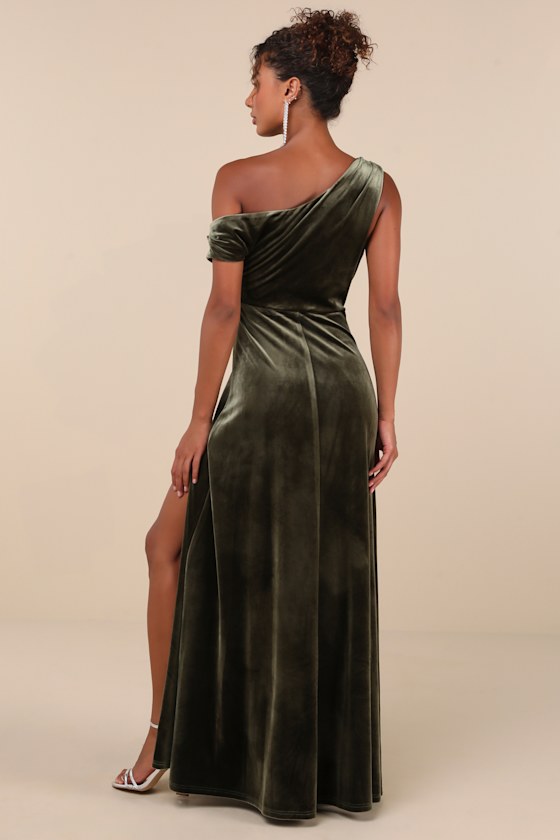 Coveted Confidence Olive Green Velvet Asymmetrical Maxi Dress Dress - EJIACHE