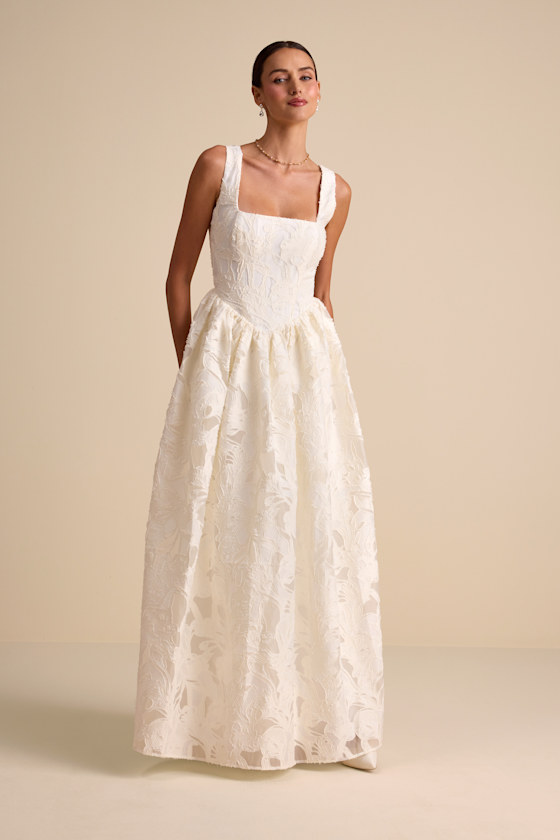 Corsen Ivory Floral Jacquard Corset A-Line Maxi Dress Dress - EJIACHE