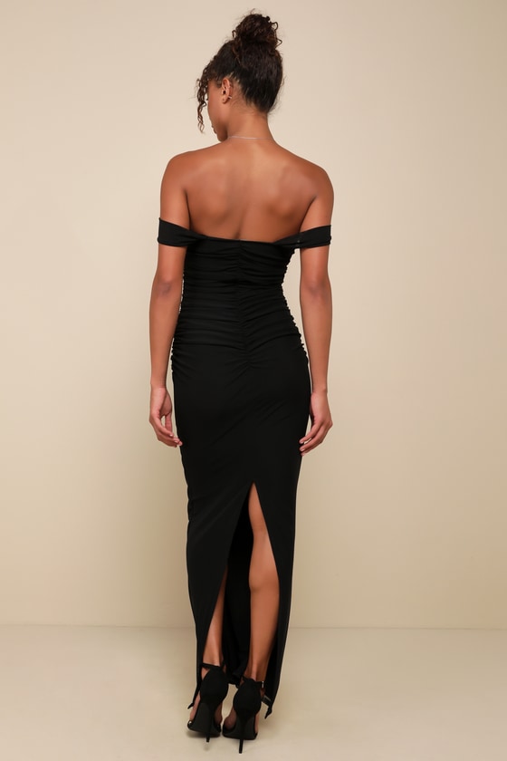 Amazing Presence Black Mesh Ruched Column Maxi Dress Dress - EJIACHE