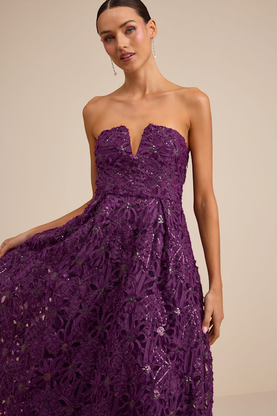 Ryla Purple Textured Sequin Strapless Midi Dress Dress - EJIACHE