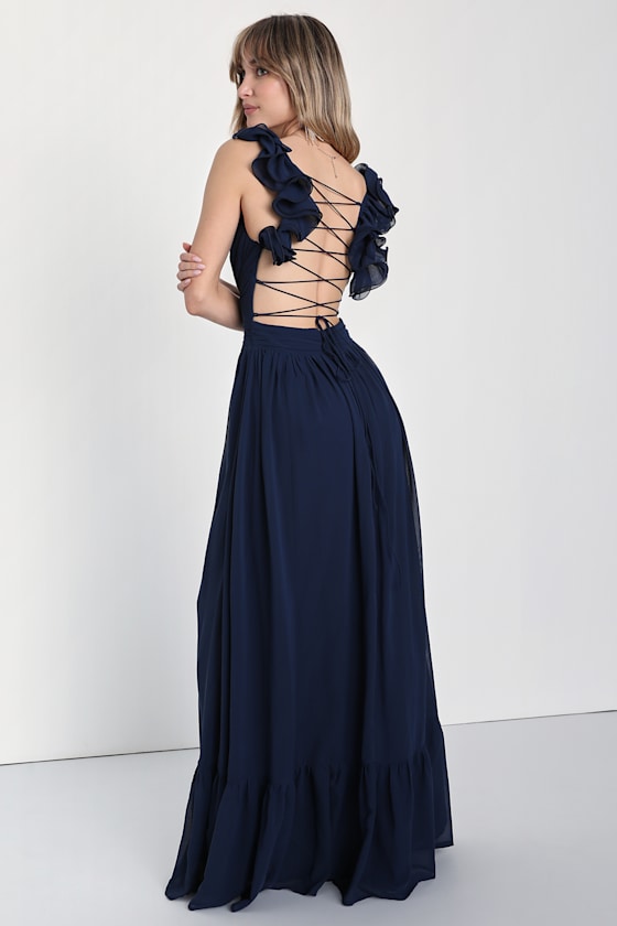 Soiree Celebration Navy Blue Ruffled Lace-Up Maxi Dress Dress - EJIACHE