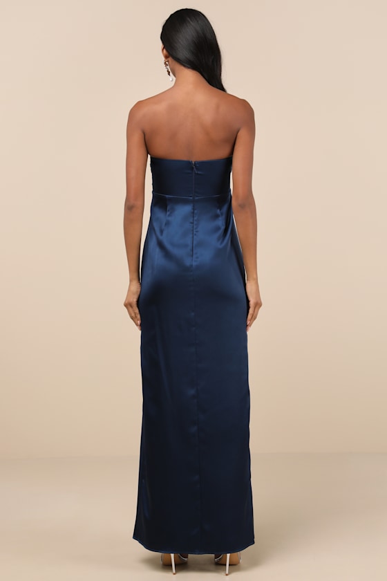 Memorable Entrance Dark Blue Strapless Satin Maxi Dress Dress - EJIACHE