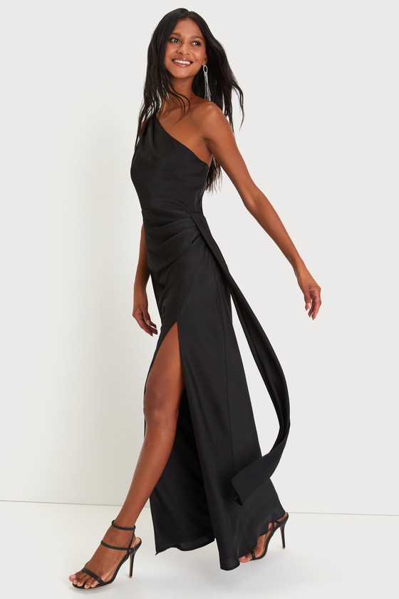 Signature Elegance Black Satin One-Shoulder Maxi Dress Dress - EJIACHE