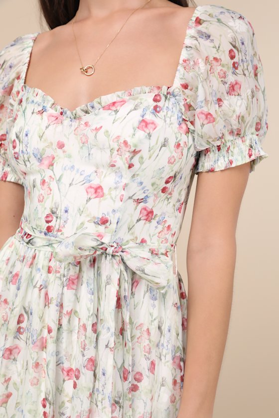 Galiena Ivory Floral Tiered Puff Sleeve Midi Dress Dress - EJIACHE