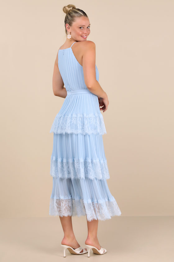 Came For Cocktails Light Blue Pleated Tiered Lace Maxi Dress Dress - EJIACHE