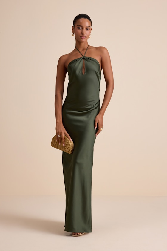 Gracie Olive Green Satin Halter Neck Maxi Dress Dress - EJIACHE