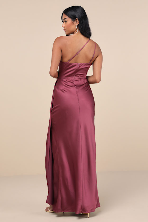Signature Elegance Mauve Purple Satin One-Shoulder Maxi Dress Dress - EJIACHE