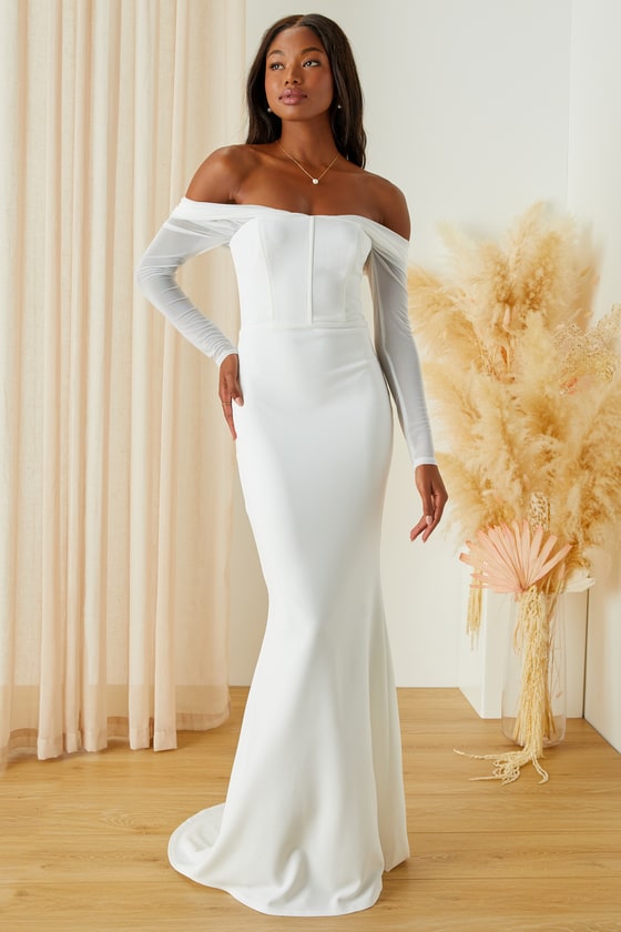 Forever Remarkable White Bustier Off-the-Shoulder Maxi Dress Dress - EJIACHE
