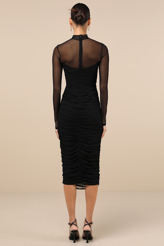 Impressive Flirt Black Mesh Ruched Mock Neck Midi Dress Dress - EJIACHE