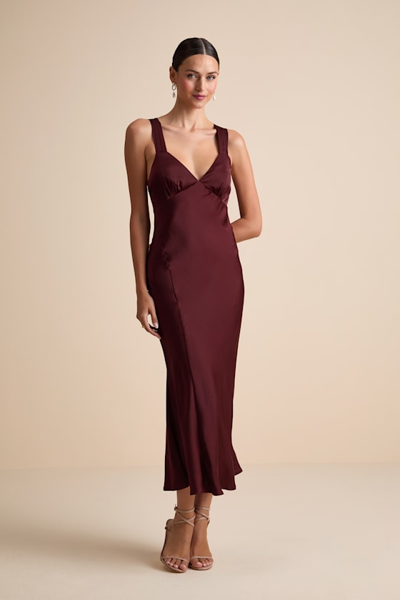 Ellena Burgundy Satin Slip Midi Dress Dress - EJIACHE