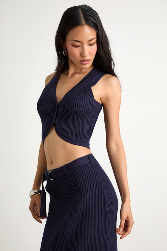 Mariah Navy Ribbed Two-Piece Sweater Midi Dress Dress - EJIACHE