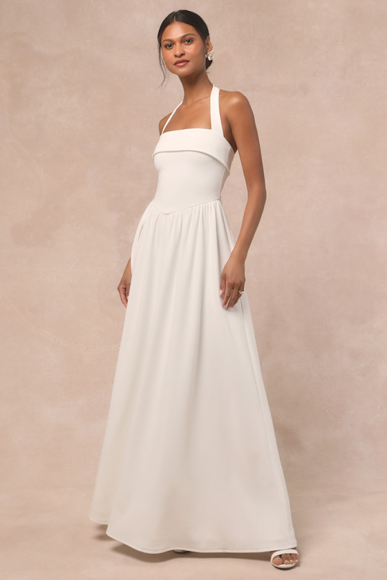 Telia White Halter Basque Waist Maxi Dress Dress - EJIACHE