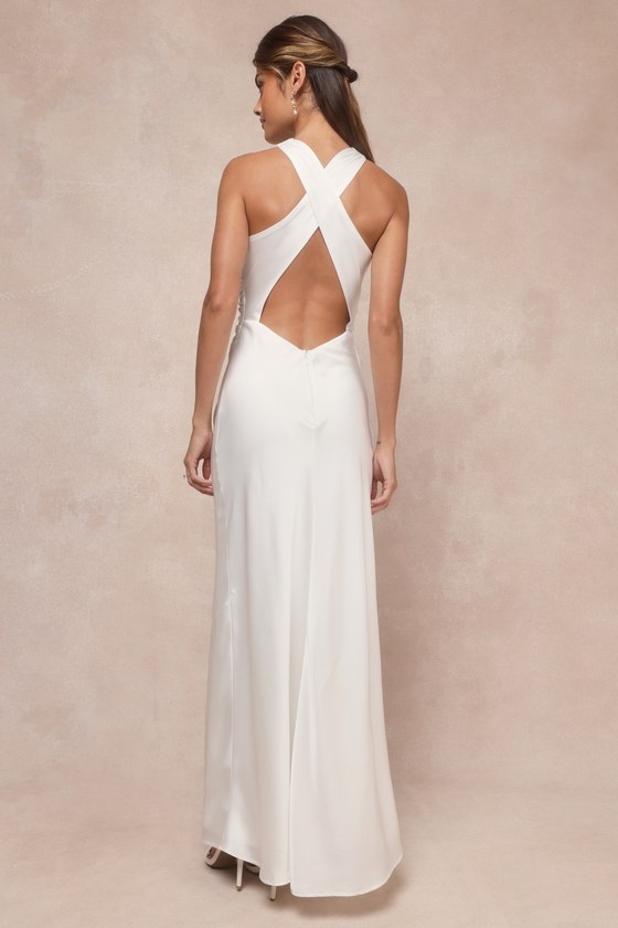 Effortlessly Sensational White Satin Backless Maxi Dress Dress - EJIACHE