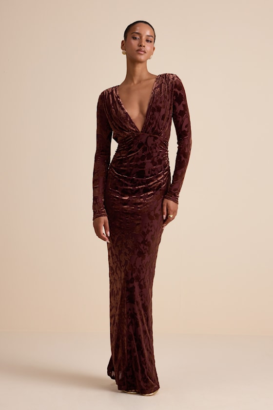 Patricia Brown Velvet Burnout Long Sleeve Maxi Dress Dress - EJIACHE