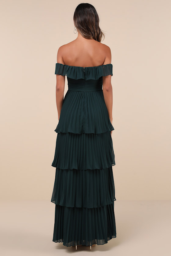 Always Remarkable Emerald Pleated Off-the-Shoulder Maxi Dress Dress - EJIACHE