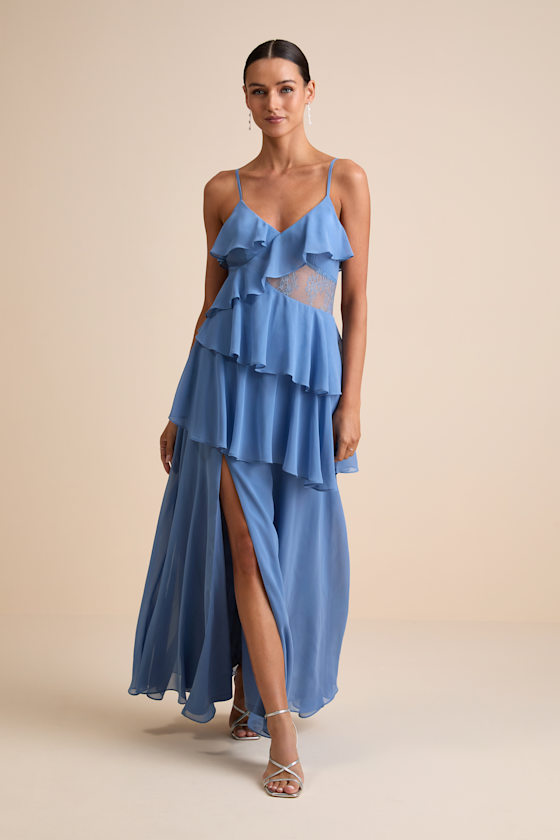 Dalena Dusty Blue Ruffled Lace Maxi Dress Dress - EJIACHE