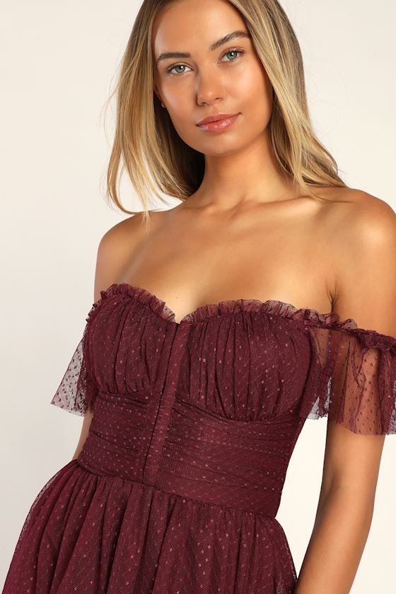 Regal Radiance Burgundy Tulle Bustier Midi Dress Dress - EJIACHE