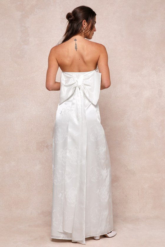 Avid Elegance Ivory Satin Jacquard Strapless Bow Maxi Dress Dress - EJIACHE