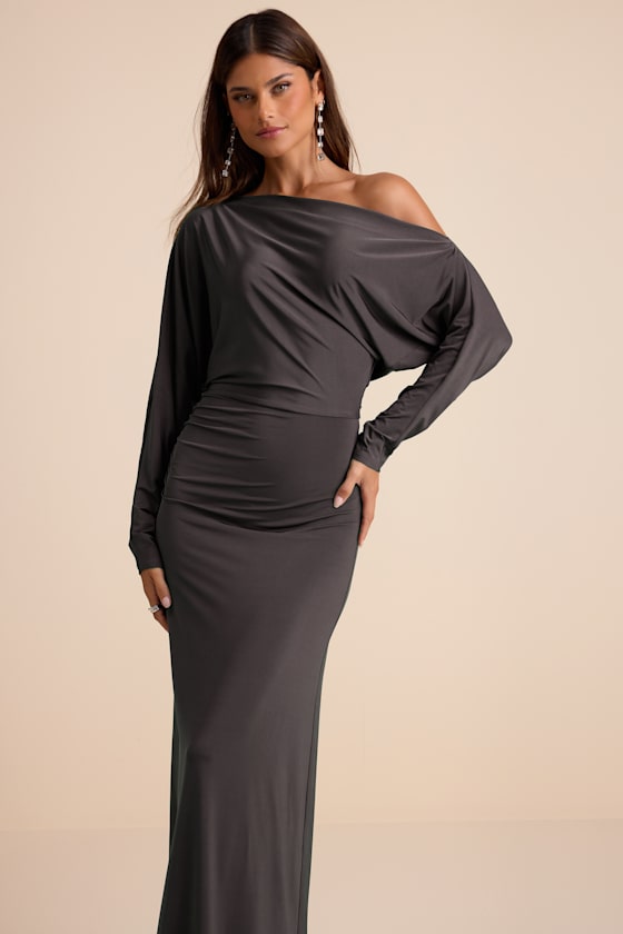 Valani Charcoal Jersey Knit Asymmetrical Long Sleeve Maxi Dress Dress - EJIACHE