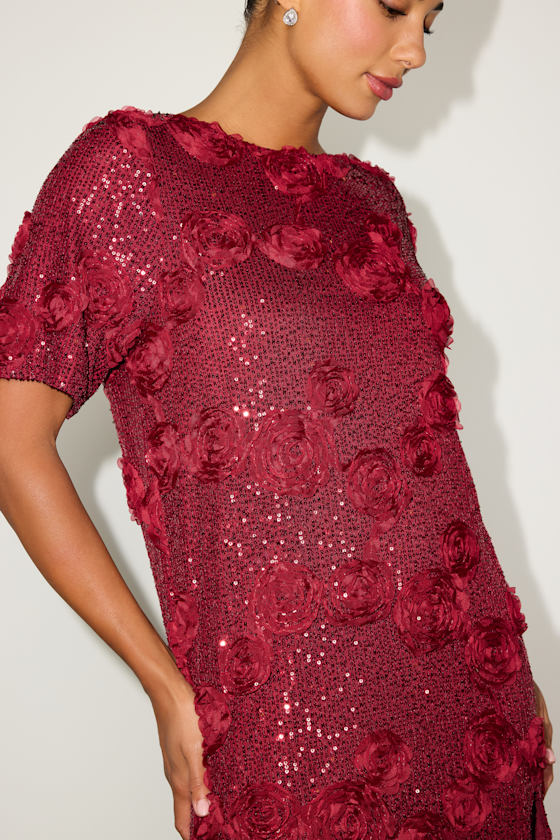 Kayleena Burgundy Sequin Rosette Tie-Back Shift Dress Dress - EJIACHE