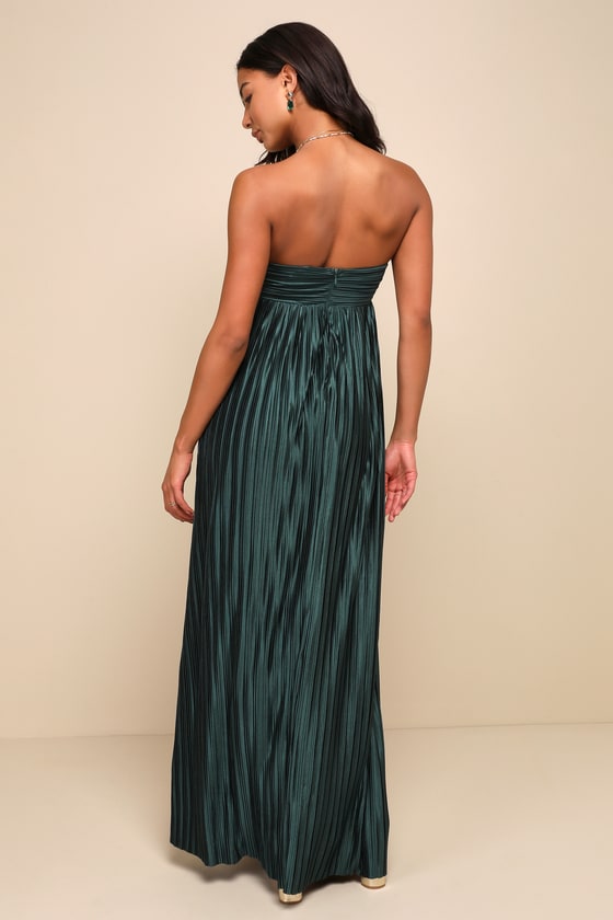 Whimsical Beauty Emerald Green Satin Plisse Strapless Maxi Dress Dress - EJIACHE