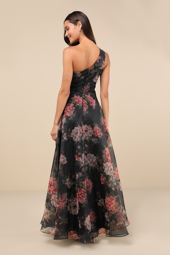 Truly Extraordinary Black Floral Organza One-Shoulder Maxi Dress Dress - EJIACHE