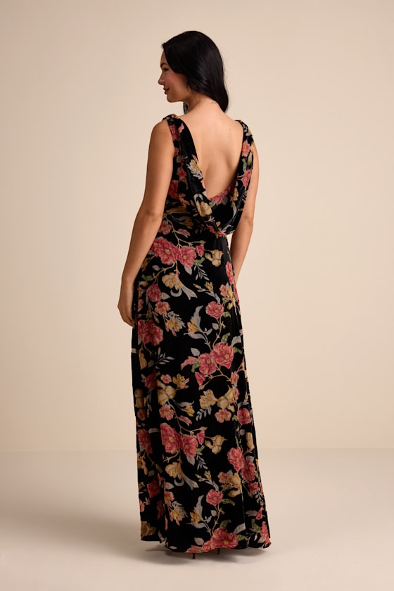 Prim Black Multi Floral Burnout Velvet Cowl Back Maxi Dress Dress - EJIACHE