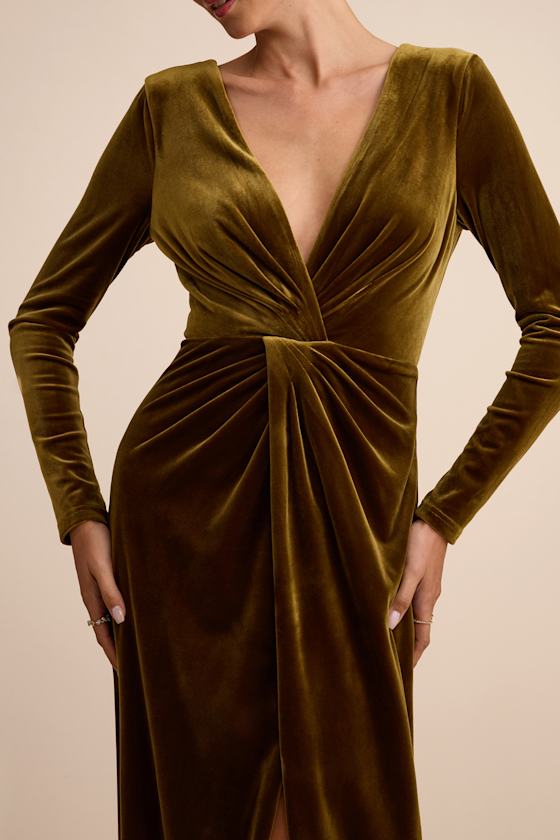 Angelina Olive Velvet Twist-Front Maxi Dress Dress - EJIACHE